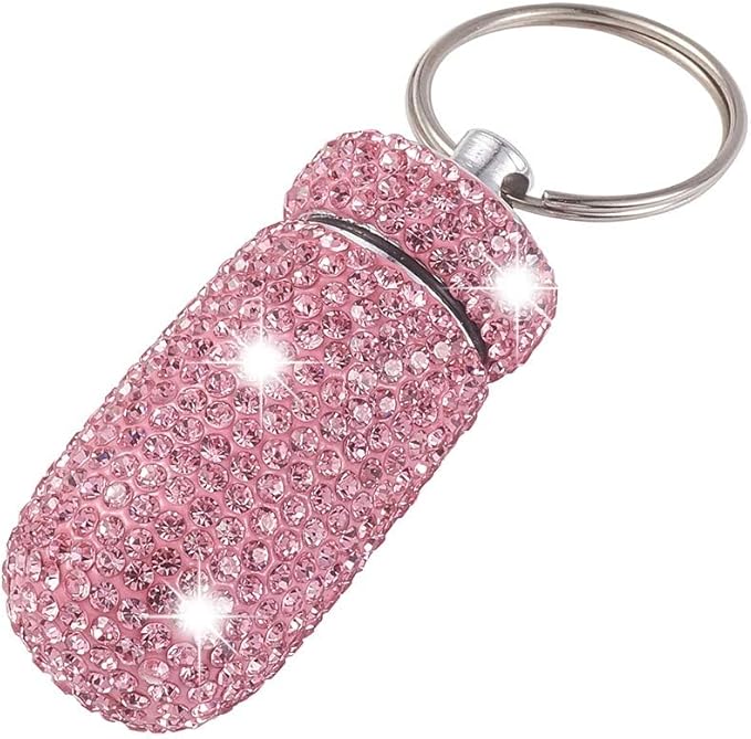XhuangTech Waterproof Keychain Pill Box Bling Round Medicine Organizer Holder Container Aluminum Portable Mini Bottle Storage Case for Outdoor Travel Camping Purse Pocket (Pink)
