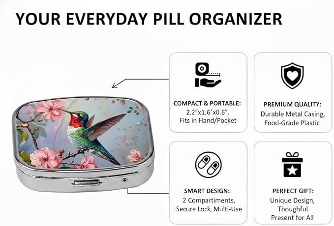 Hummingbird Pill Box 2 Compartment Small Pill Case,Portable for Pocket or Purse Pill Organizer Pill Container Holder with Mirror to Hold Vitamins, Medication, Fish Oil and Supplements