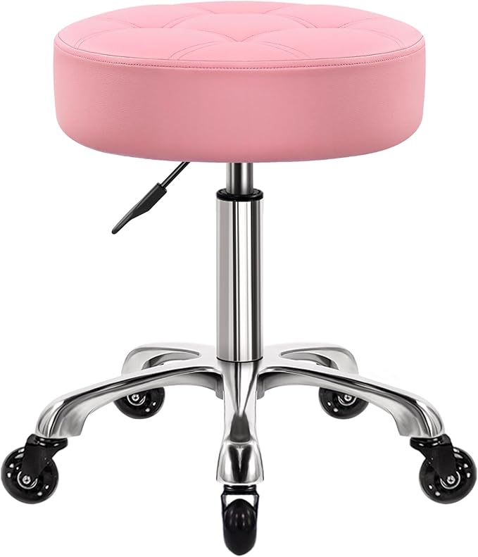 Heavy Duty Rolling Stool with Wheels Hydraulic Swivel Adjustable Rolling Stool Ergonomic Thick Leather Round Seat Stool Chair for Kitchen Drafting Lab Office Salon Message Stool – Pink