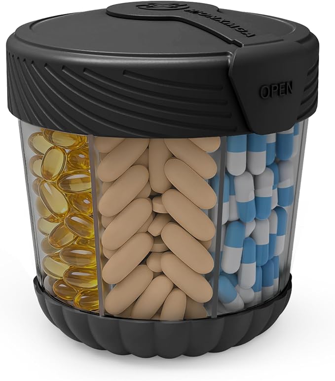 Pill Dispenser with 7 Large Compartments,Portable Pill Bottle Organizer for Travel,Anti-Mixing Supplement Organizer Easy Twist Wide-Opening Pill Container with 20Pcs Labels,Translucent Black