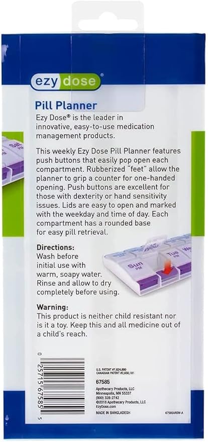 EZY DOSE Push Button AM/PM Weekly (7-Day) Pill Organizer, Weekly 2 Times a Day Medicine Case, Large Compartments for Vitamins Supplements, Arthritis Friendly, Clear Lids (2 Pack)