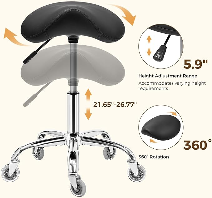 BEWISHOME Ergonomic Rolling Saddle Stool, Height-Adjustable Rolling 360° Swivel Saddle Stool Chair with Thickened Saddle Seat Padding, for Salons, Spas, Office, Black BMD02B