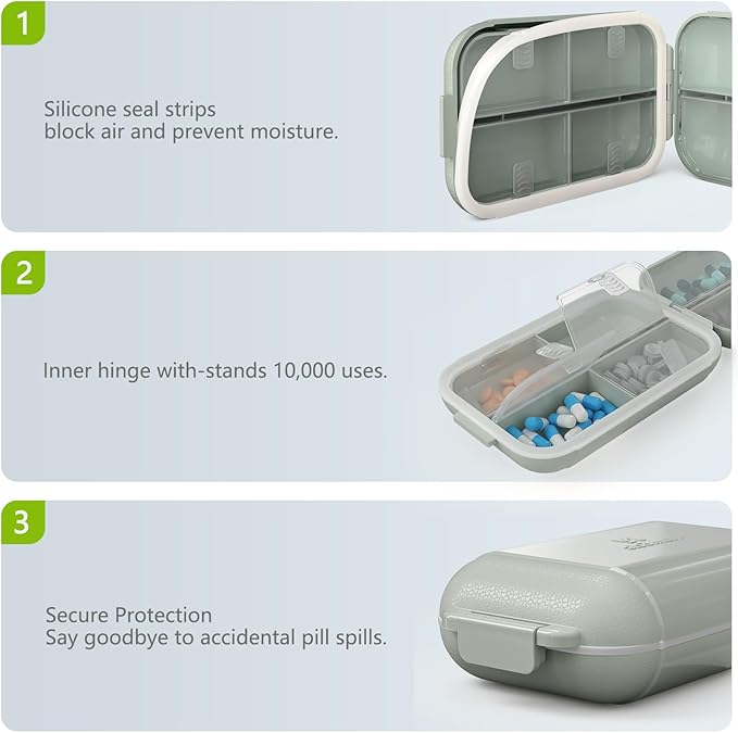 Portable Pill Organizer, Pill Box with 7 Compartments, Small Pill Case for Travel, Daily Medicine Pill Organizer with Air-Tight Lid