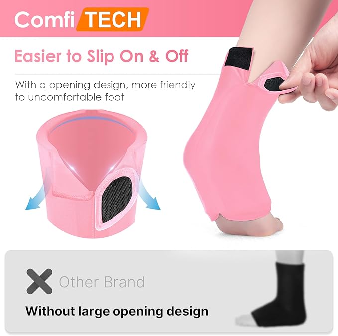 Comfitech Ankle Ice Pack Wrap Sleeve with Large Opening, Reusable Gel Cold Pad for Foot and Heel, Large, Pink