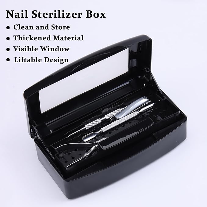 Nail Tool Sterilizer Box Plastic Disinfectant Container for Nail Art Accessories Tools, Hair Salons and Beauty Centers, Sterilizer Soaking Box with Strainer Pedicure Manicure Equipment, Black