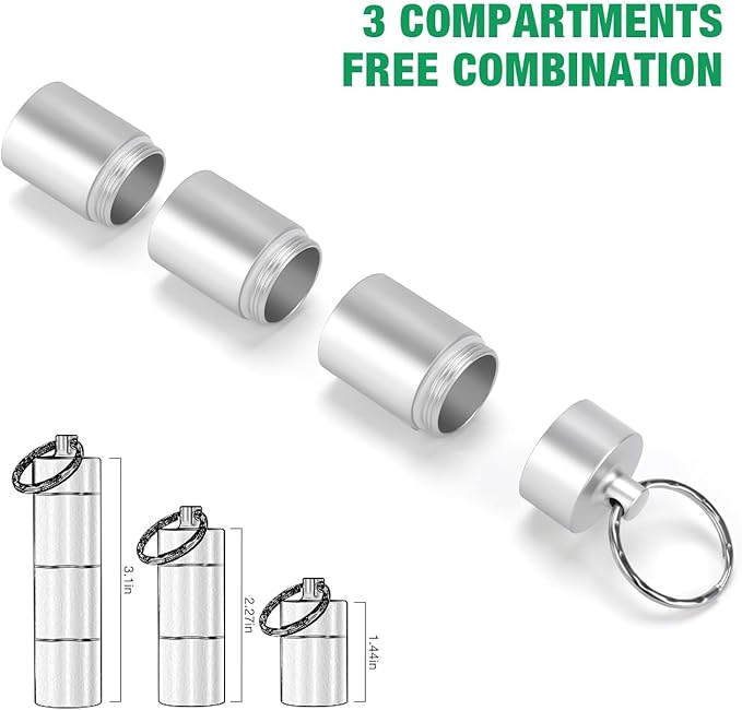 Opret Keychain Pill Holder, 3 Compartments Metal Small Pill Case, Waterproof Portable Travel Pill Box, Pill Container for Purse (Silver)