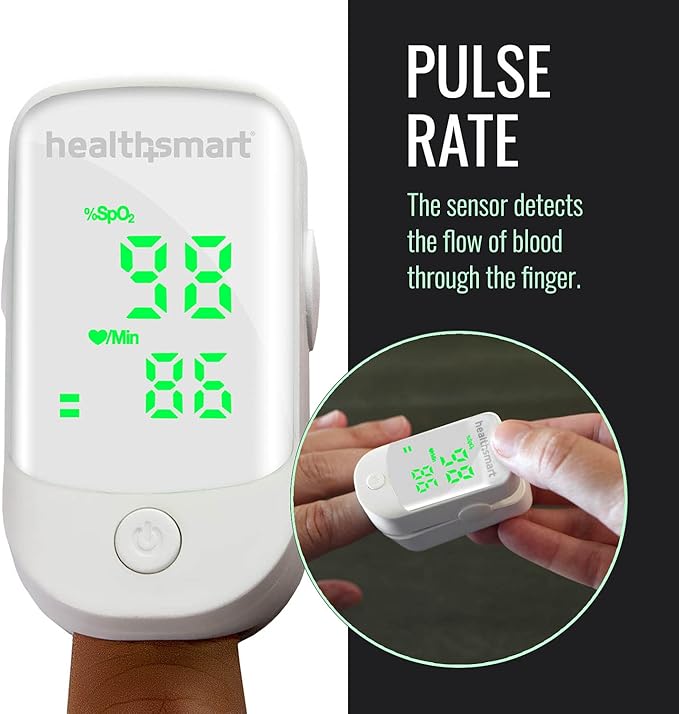 HealthSmart Pulse Oximeter for Fingertip That Displays Blood Oxygen Saturation Content, Pulse Rate and Pulse Bar with LED Display, Accurate and Reliable, Green