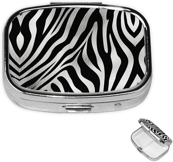 Square Pill Box 2 Compartment Medicine Pill Case Zebra Print Pill Box for Purse Pocket Waterproof Metal Pill Container Portable Pill Holder Mini Pill Organizer for Travel or Daily
