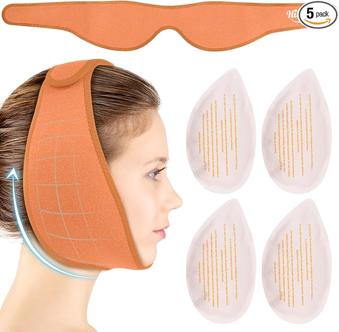 Hilph Face Ice Pack Wisdom Teeth Ice Pack Head Wrap with Washable Jaw Wrap and 4 Replacement Hot Cold Pack for Facial Oral Surgery, TMJ, Tooth Extraction, Dental Surgery, Tonsillectomy Recovery Orange