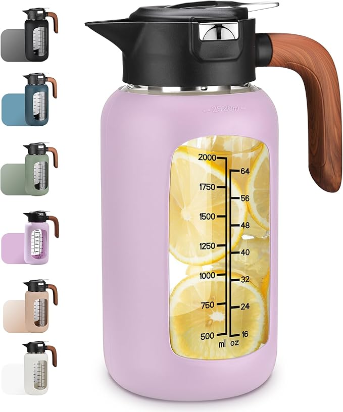 84 oz Glass Pitcher with Lid and Handle- Borosilicate Glass Water Jug/Carafe for Hot & Cold Beverages, 2.5L Large Pitcher with Silicone Sleeve & Wide Mouth, Fridge Safe for Iced Tea, Coffee, Juice
