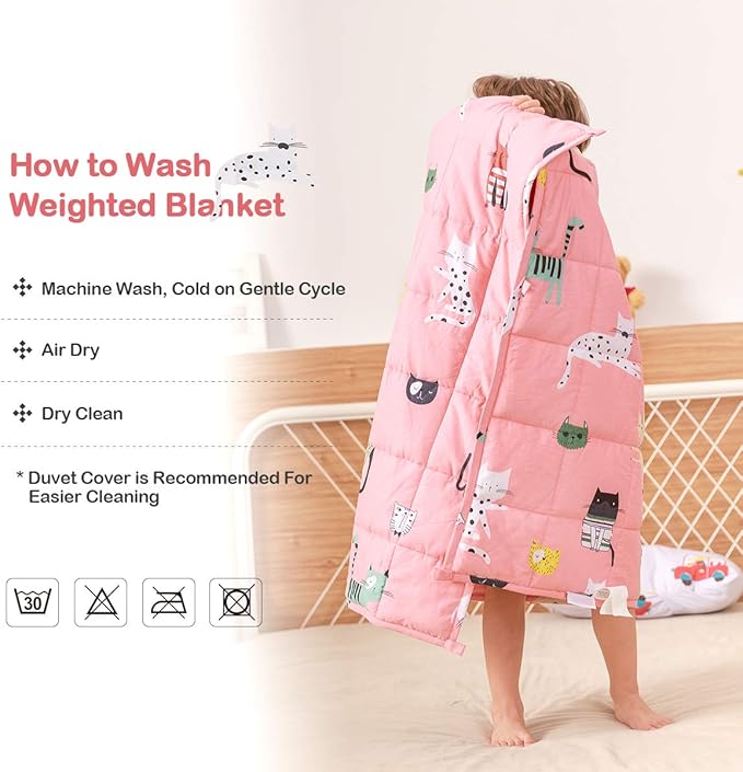 Sivio Weighted Blanket - 100% Cotton Weighted Blanket 5 lbs 36 x 48 inches, Washable Breathable Soft Heavy Blanket for Calm Sleeping for Home and School Nap, Pink Cat