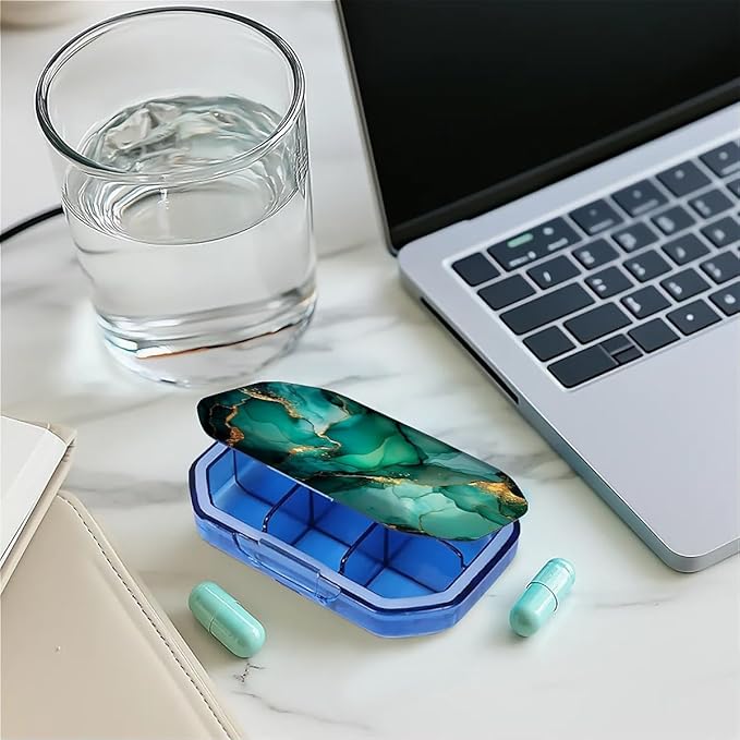 This Portable Teal Gold Marble Pattern 6-Compartment Pillbox Can Be Placed in A Pocket Or Wallet to Store Vitamins, Medicines Fish Oil Health Supplements Other Medications.