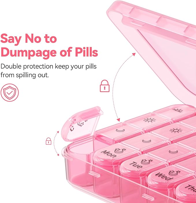 Zoksi Pill Organizer 4 Times a Day, BPA Free Weekly Travel Pill Box，Daily Pill Case with 28 Compartments to Hold Medicine, Vitamin and Supplement(Pink)