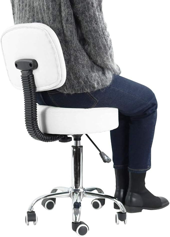 Round Rolling Stool with Back PU Leather Height Adjustable Swivel Drafting Work SPA Medical Salon Stools Chair with Wheels (White)