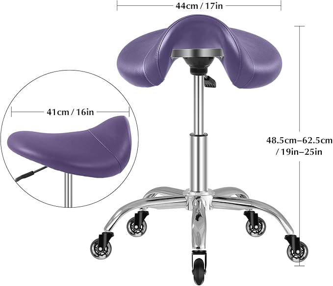 SALONFACTORY Saddle Stool with Wheels 300 lbs Weight Capacity, Heavy Duty Rolling Stool for Medical Massage Salon Kitchen Spa Drafting Nail-Tech,Height Adjustable,360 Swivel,Wide Thick Seat Padding