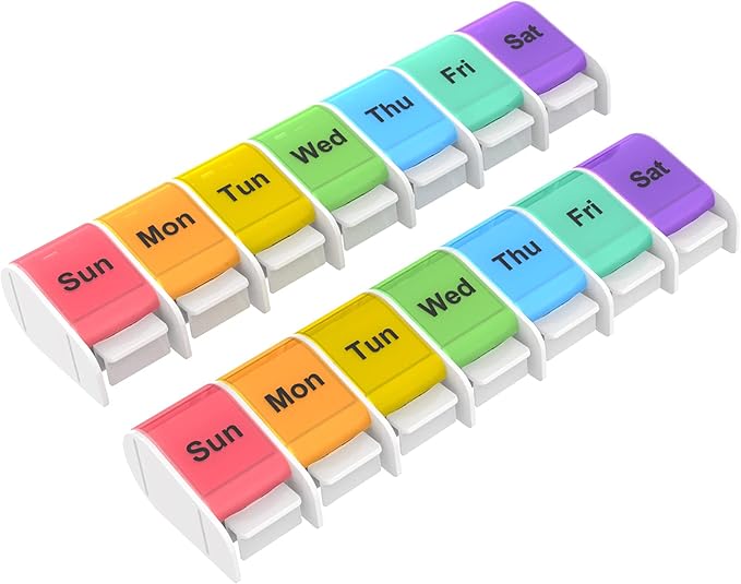 Weekly Pill Organizer 1 Time a Day - 7 Day Pill Box, Pill Holder with Easy Open Button, Daily Pill Cases Organizer, BPA Free Pill Container for Vitamin, Fish Oil (Multi-Color, 2-Pack)