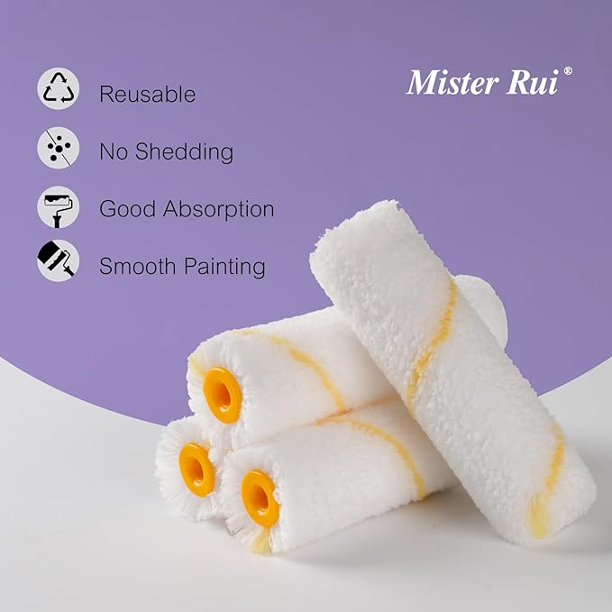 Mister Rui Paint Roller Covers, 10 Pieces, 4 Inch Paint Roller 9mm Nap, Microfiber Paint Rollers for Painting Walls, Cabinets, Trim, Use with All Paints and Stains
