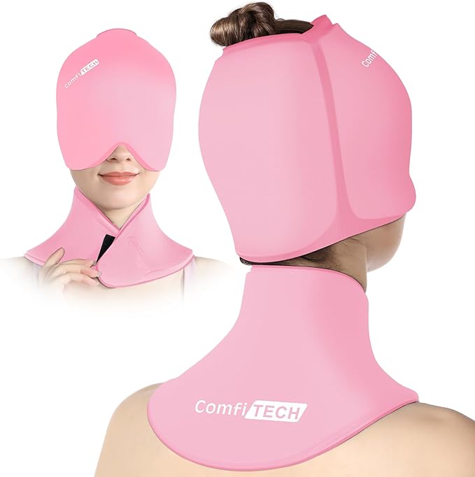 ComfiTECH Cold Cap and Neck Ice Pack Wrap Gel Combo, Care Package for Head and Cervical, Pink