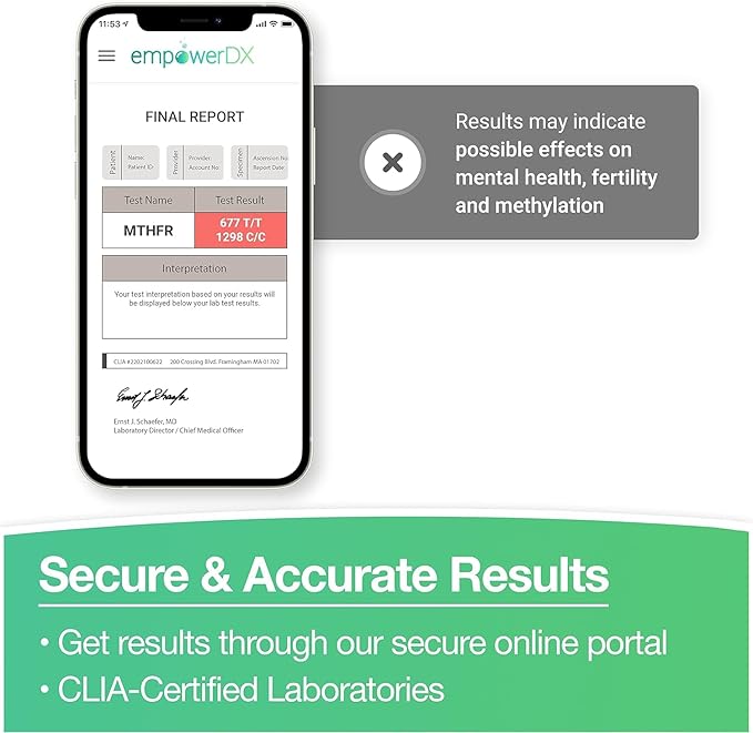 empowerDX MTHFR Gene Test Kit, Methylation Test, Easy At-Home Test Detects Presence of 677 and 1298 MTHFR Gene Variants, Ages 2+, Fast Results Within 6 Days