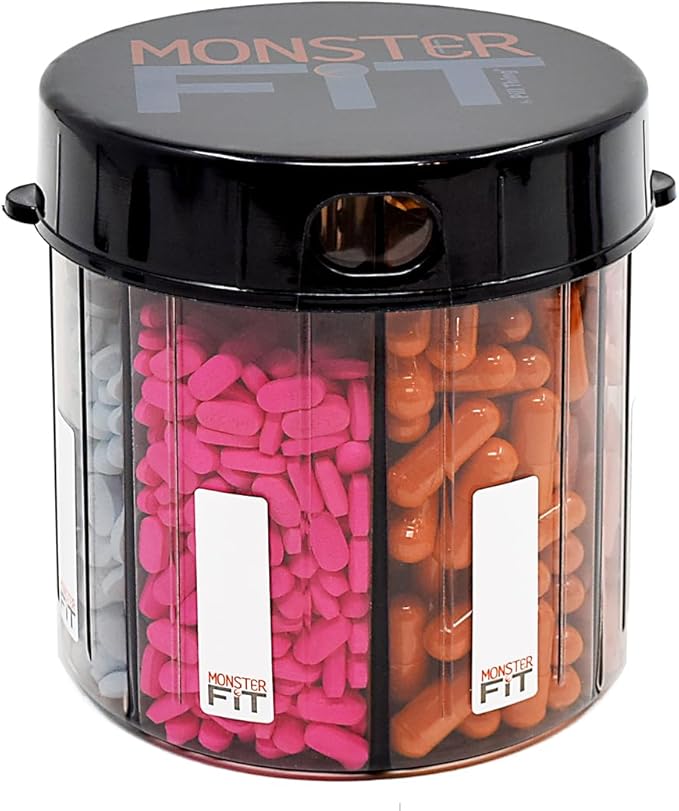 Monster & Monster Jr Supplement Medication Pill Dispensers 2 Pack with Labels, Extra Large and Small Pill Container Bottles Handle Almost Any Supplement, Easy to Dispense (Monster & Monster Jr.)