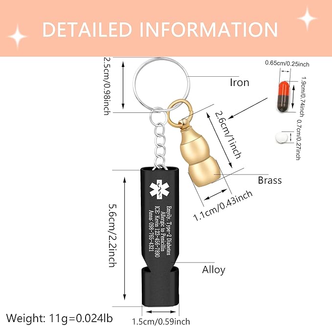 Medical Keychain with Gourd Pill Case – High Pitch Dual Tube Survival Whistle YA6000