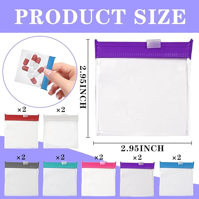 Reusable Pill Pouches with Slide Lock,14 Piece Zippered Pill Bags for Travel Organizer Medicine Qtips and Small Items Translucent Portable Set in 7 Colors
