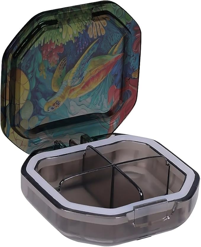 This Portable Colorful Coral Reef Sea Turtle Pattern 4 Compartment Pill Box Can Be Placed in A Pocket Or Wallet to Store Vitamins, Medicines Health Supplements Other Medications.