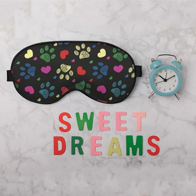 Paw Hearts Print Sleep Eye Mask Colorful Love Pet Footprints Black Silk Eye Mask Sleeping Soft Eye Shade Cover for Men Women Boy Girl Airplane Travel with Elastic Strap