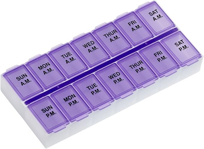 Ezy Dose 7-Day AM/PM Pill Organizers (2 Pack) - Medium Compartments, Purple and Varying Colors