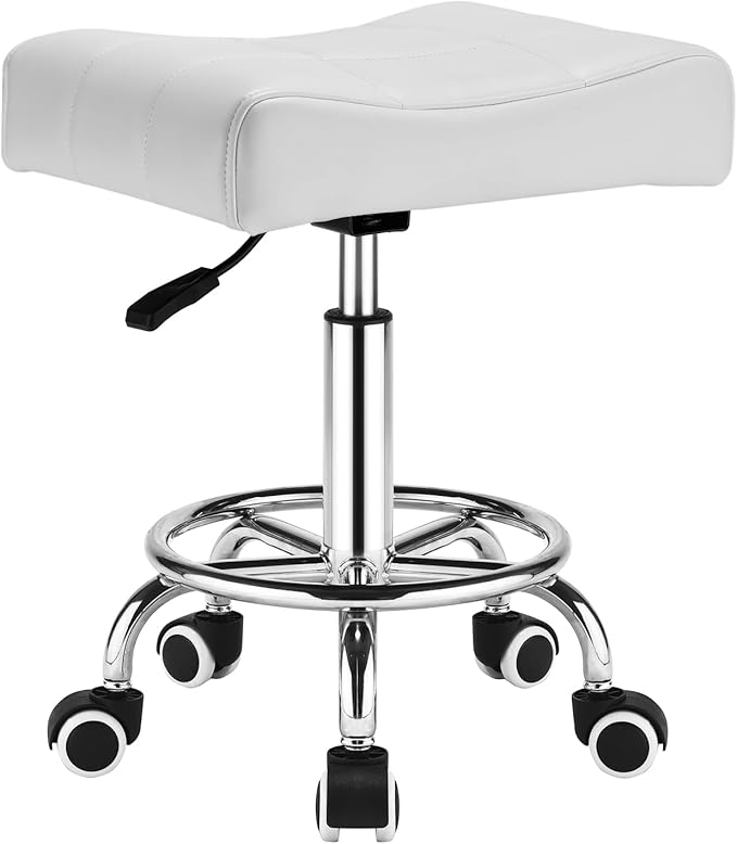 Square Salon Rolling Stool - 300lbs Weight Capacity，Adjustable Swivel Stool with Wheel，Pu Leahter Comfortable Cutting Stools for Salon Tattoo Stylist Massage Perfect for Work SPA (White)