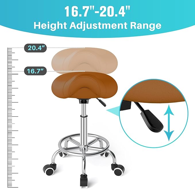 YEEZEE Saddle Stool Ergonomic- Comfortable Rolling Saddle Stool with Wide Thick Saddle Seat Padding, Swivel Adjustable Saddle Chair with Wheels and Ring Pedal for Medical Massage Salon (Brown)