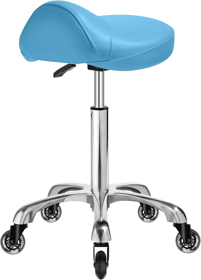 Saddle Stool with wheels Ergonomic - Heavy Duty 400lbs, Upgraded Thick Saddle Cushion, Healthy Posture Correction, Swivel Adjustable Rolling Saddle Stool, Saddle Chair for Salon Massage Home (Blue)