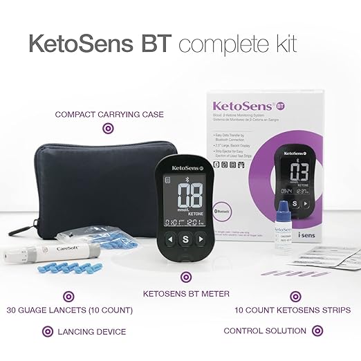 KetoSens Blood Ketone Monitoring Starter Kit with Bluetooth - Ideal for Keto Diet. Includes Meter, 10 Ketone Test Strips, 1 Control Solution Vial, 1 Lancing Device, 10 Lancets & Travel Case