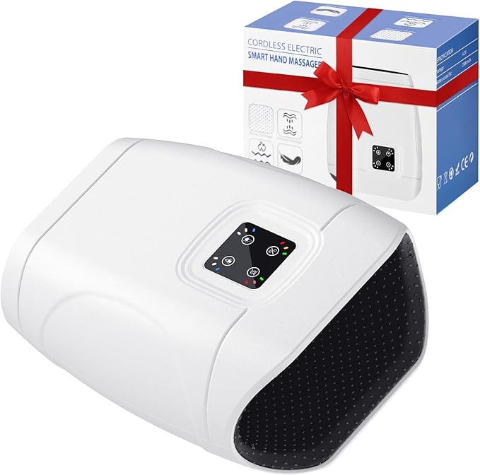 JQX Cordless Heated Hand Massager for Arthritis & Carpal Tunnel Relief - 3-Level Compression Therapy with Air Pressure & Vibration, Rechargeable Gifts for Women/Men (White)