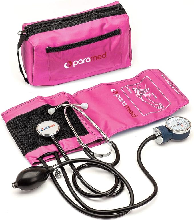 PARAMED Aneroid Sphygmomanometer with Stethoscope – Manual Blood Pressure Cuff with Universal Cuff 8.7-16.5" and D-Ring – Carrying Case in The kit – Pink