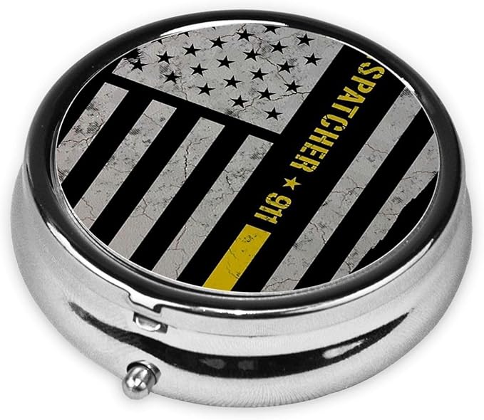 Round Pill Organizer, Portable Travel Pill Case, Purse Pill Box Hold for Pills, Jewelry, Beads, Paper Clips, Dispatcher Gold Flag Black
