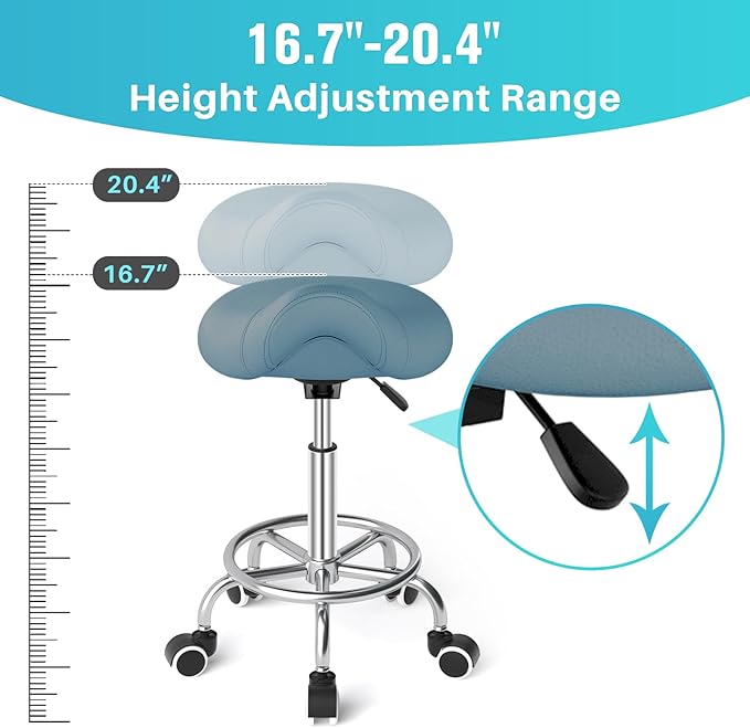 YEEZEE Saddle Stool Ergonomic- Comfortable Rolling Saddle Stool with Wide Thick Saddle Seat Padding, Swivel Adjustable Saddle Chair with Wheels and Ring Pedal for Medical Massage Salon (Blue)