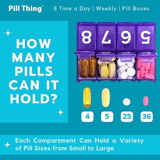 6 Times a Day, 7 Day Large Weekly Pill Organizer with Holder Tray, Vitamin, Medicine Box, Multicolor with Medical Alert Card (8X a Day - 2 Pack)