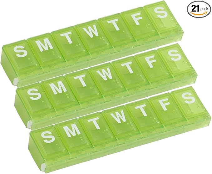 EZY DOSE Weekly (7-Day) Pill Planner, Medicine Case, Vitamin Organizer Box, Large Locking Compartments to Secure Prescription Medication and Prevent Accidental Spilling, Green (Pack of 3)