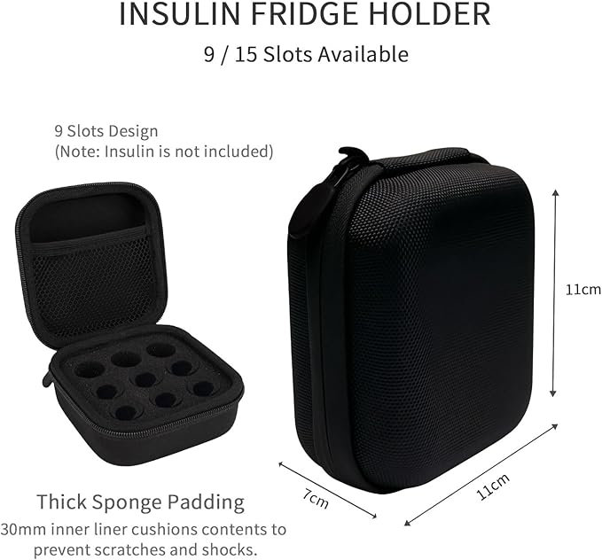 Insulin Vial Case for Travel, Fits 10ml/3ml Bottles, Hard Shell Insulin Bottle Storage Organizer with Foam Slots & Mesh Pocket, Diabetic Supplies Organizer for Home and On-The-Go (9 Slots)