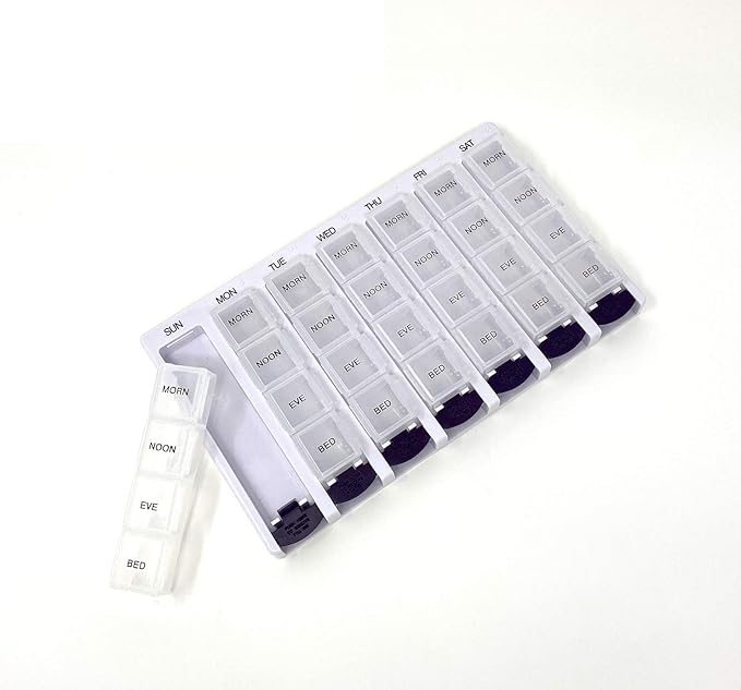 Weekly AM/PM Pill Box Portable Travel Prescription & Medication Pill Case Organizer (7-Day / 4-Times-A-Day) with Large Removable Compartments and Moisture-Proof Design Box of 1
