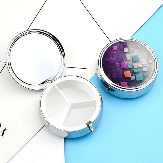 Different Colored Squares Pill Box 3 Compartment Small Pill Case Portable Pill Box for Pocket Or Purse Round Metal Pill Box Cute Medicine Organizer Holder to Hold Vitamins Medication