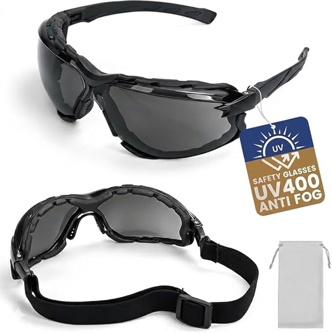 Flaya Adjustable Safety Glasses for Men & Women Anti-Fog ANSI Z87.1 UV400 Protection Goggles with Foam Seal & Strap