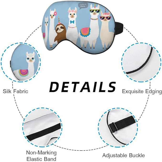 White Llamas Sleep Mask Eye Mask Alpaca Sloth Rainbow Glasses Llamas Cute Flowers Blue Sleep Mask Light Blocking Adjustable Smooth Soft Eye Masks for Women Deep Rest Travel
