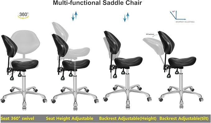 Kaleurrier Ergonomic Rolling Swivel Saddle Stool with Wheels - Hydraulic Lifting Height Adjustable Saddle Chairs for Clinic Hair Salon Lab Office Drafting Chairs (Black, with Back)