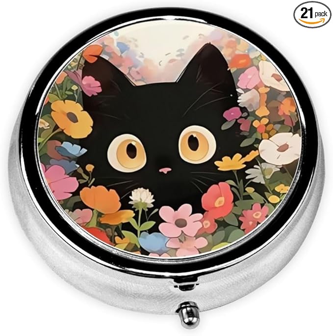 Pill Box 3 Compartment Pocket Small Pill Organizer Mini Metal Pill Holder Travel Portable for Man Woman Old People and Kids - Cute Black Cat