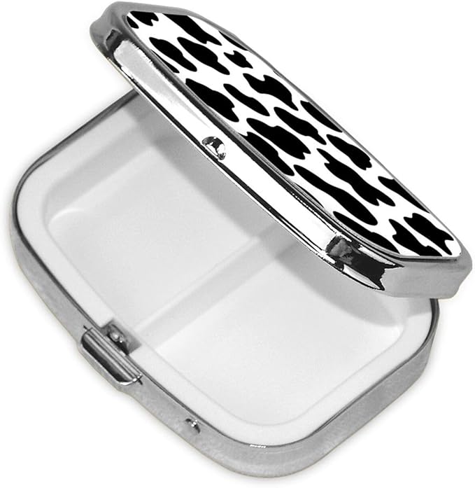 Animal Cow White Black Spot Print Square Metal Pill Box with 2 Compartment for Pocket or Purse Travel Bag Small Size 2.2 inche