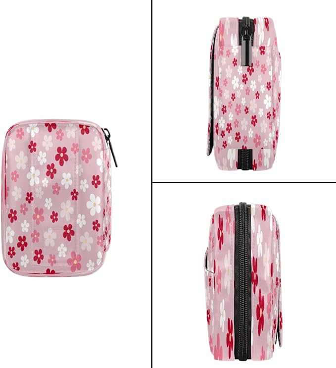 Flower Pink Pattern Pill Case Travel Pill Organizer Weekly 7 Day Portable with Zipper Medicine Box Pill Case for Vitamins, Birth Control,Fish Oils,Medication, Supplements