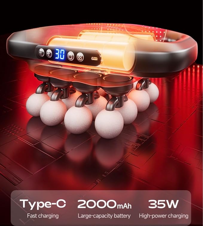 Massage Gun with 16 Heads, 30 Speeds, Red Light Therapy, Cordless Deep Tissue, Black, 12V 1800mAh Battery, 25mm Amplitude