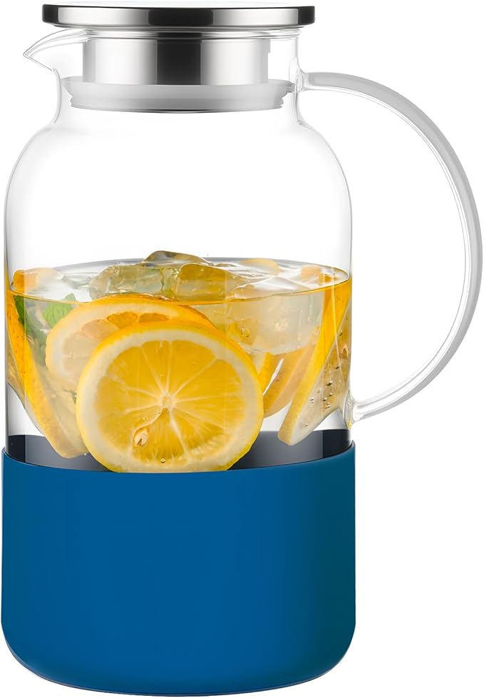 PARACITY Water Pitcher with Silicone Base 61oz/ 1.8L, Hot& Cold Glass Pitcher with Lid and Handle, Glass Carafe with Lid for Coffee, Juice, Lemonade and Milk (Blue base)
